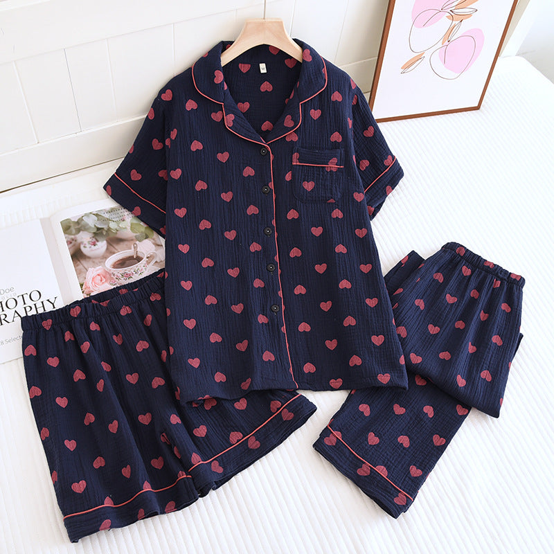 Ownkoti Heart Print Pure Cotton Pajama Set(3PCS) - Navy Blue - XL - image 8