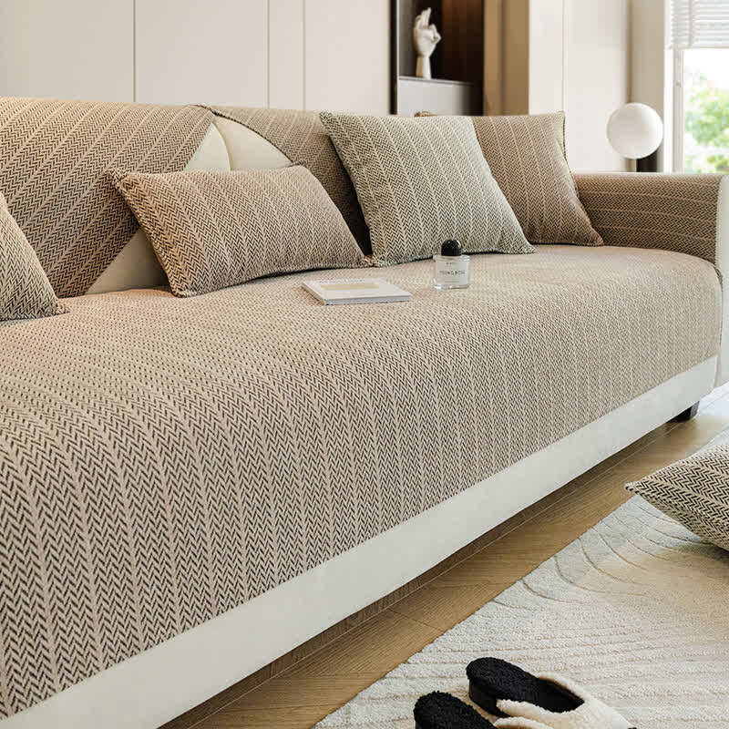 Ownkoti Solid Color Chenille Herringbone Sofa Cover - Khaki - 1pc Pillowcase: 12" x 19" - image 0