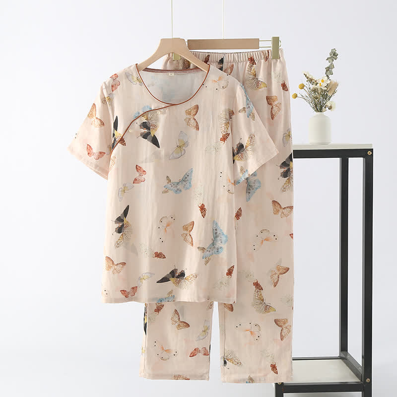 Ownkoti Cotton Gauze Colorful Butterfly Nightwear Set