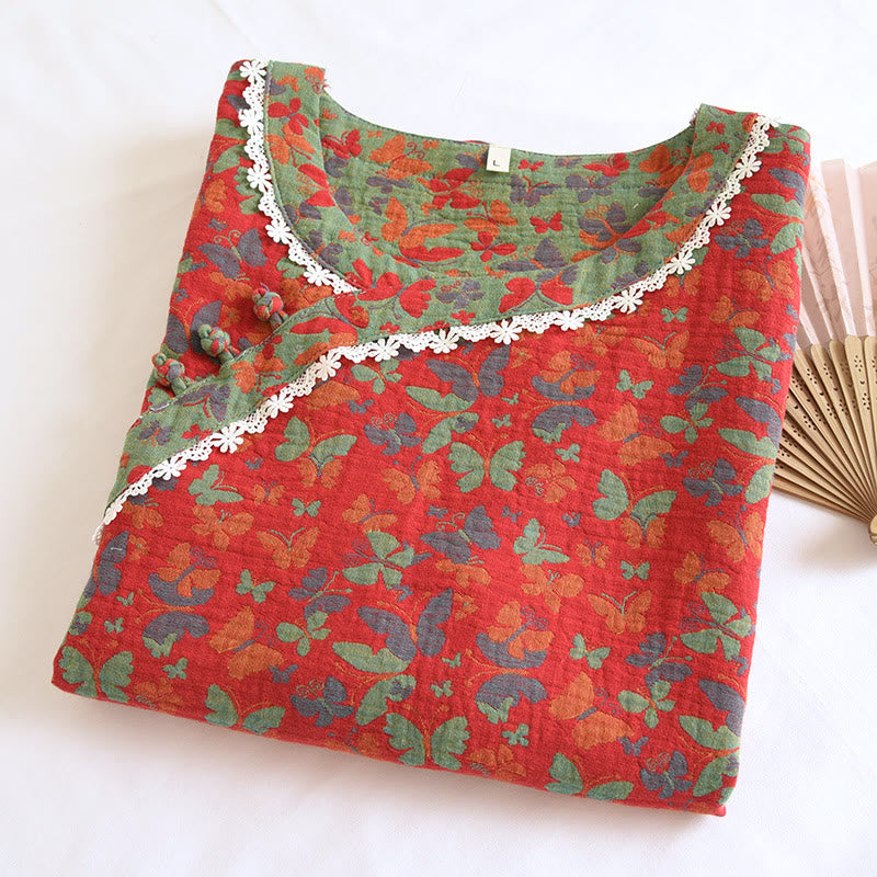 Ownkoti Cotton Gauze Jacquard Butterfly Pajama Set