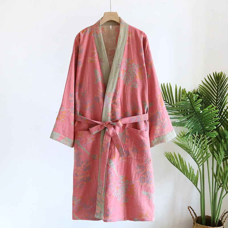 Ownkoti Jacquard Retro Cotton Gauze Pastoral Style Bathrobe