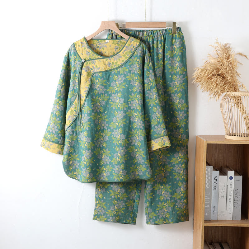 Ownkoti Floral Frog Closure Cotton Gauze Pajama Set