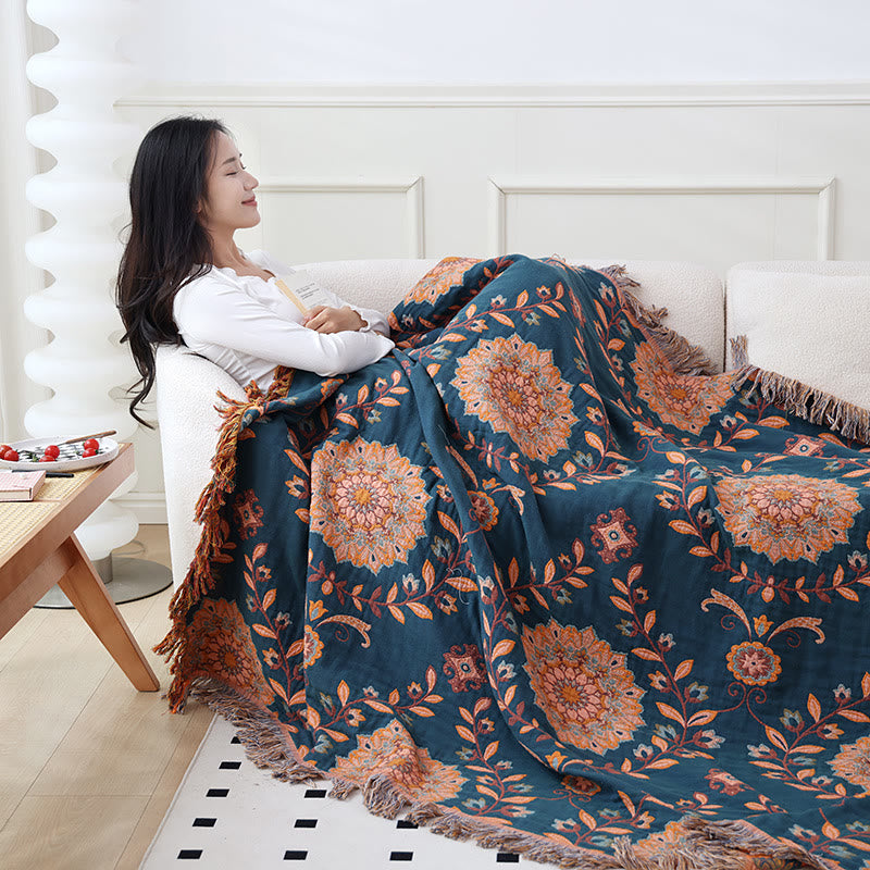 Ownkoti Cotton Gauze Floral Reversible Tassel Quilt