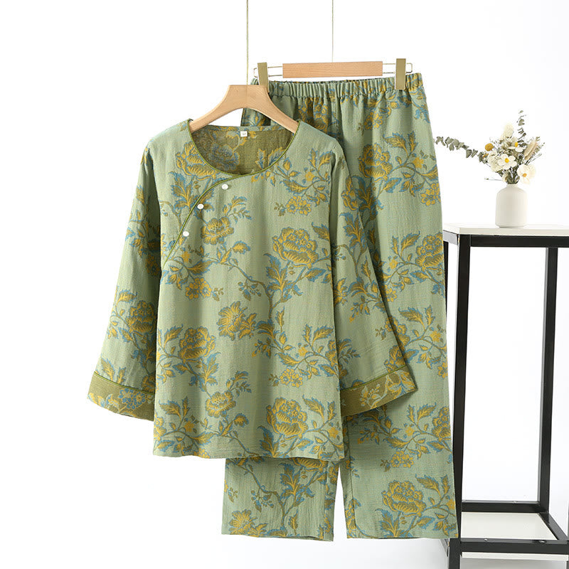 Ownkoti Cotton Gauze Floral Round-neck Nightwear Set - Green - XL - image 6