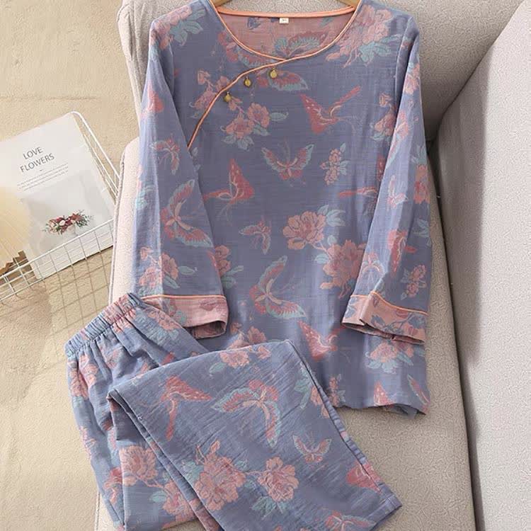 Ownkoti Cotton Gauze Butterfly & Floral Nightwear Set