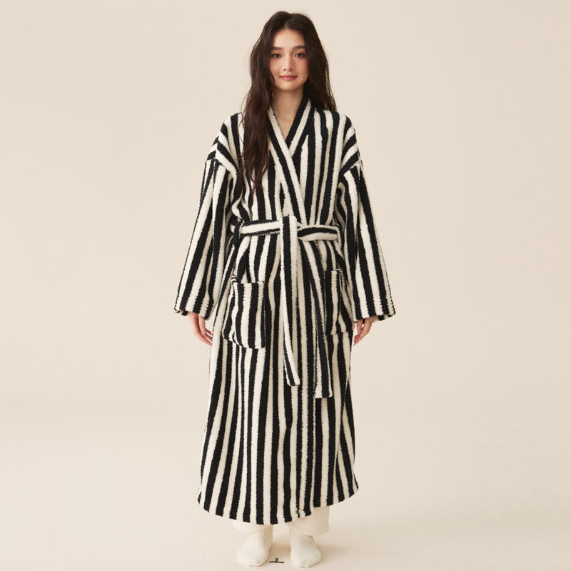 Ownkoti Winter Fleece Modern Stripe Warm Bathrobe - Bathrobe - Black & White - Women L - image 8