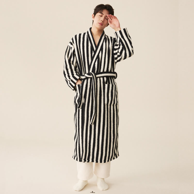 Ownkoti Winter Fleece Modern Stripe Long Bathrobe - Bathrobe with pants - Black & White - Men XXL - image 9