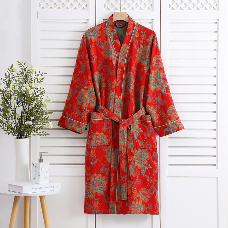 Ownkoti Luxurious floral Kimono Cotton Gauze Bathrobe