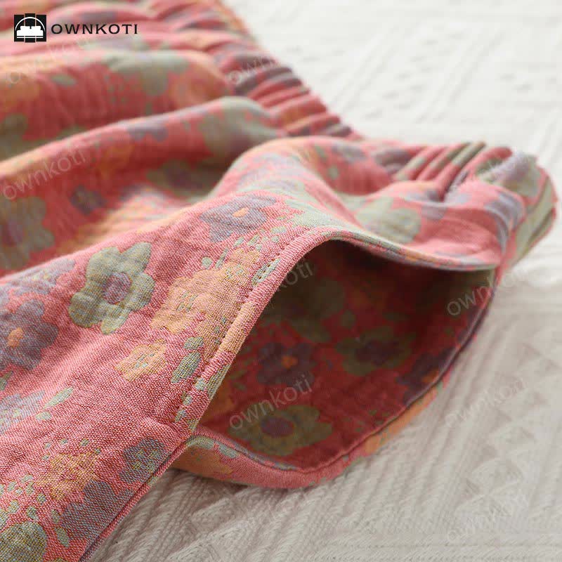 Ownkoti Frog Button Floral Cotton Gauze Nightwear Set