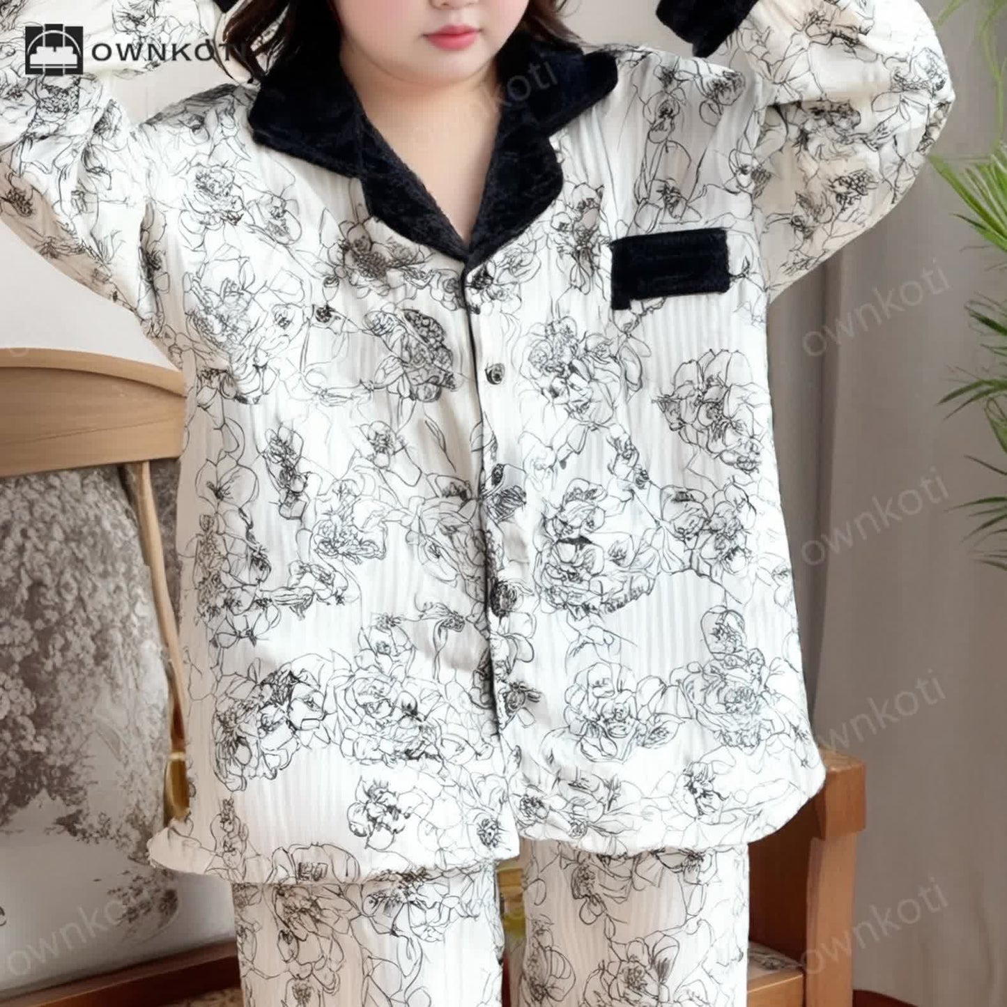 Ownkoti Plus Size Soft Breathable Pastoral Pajama Set