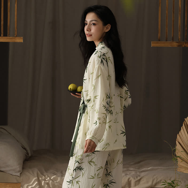 Ownkoti V-neck Bamboo Cotton Gauze Pajama Set