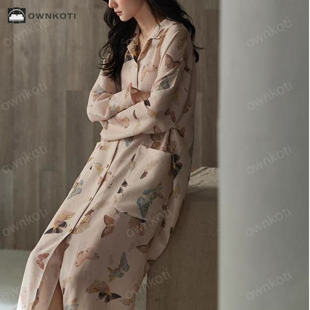 Ownkoti Cotton Gauze Butterfly Long Nightgown