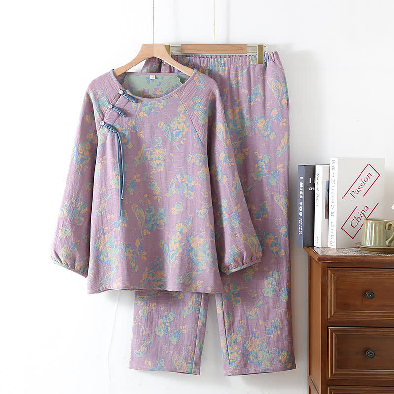 Ownkoti Floral Bird Frog Button Cotton Pajama Set