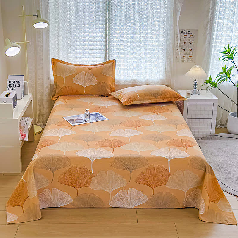 Ownkoti Brushed Cotton Vintage Ginkgo Leaf Bedding - Yellowish Brown - Flat Sheet with 2pcs Pillowcases - Full - image 3