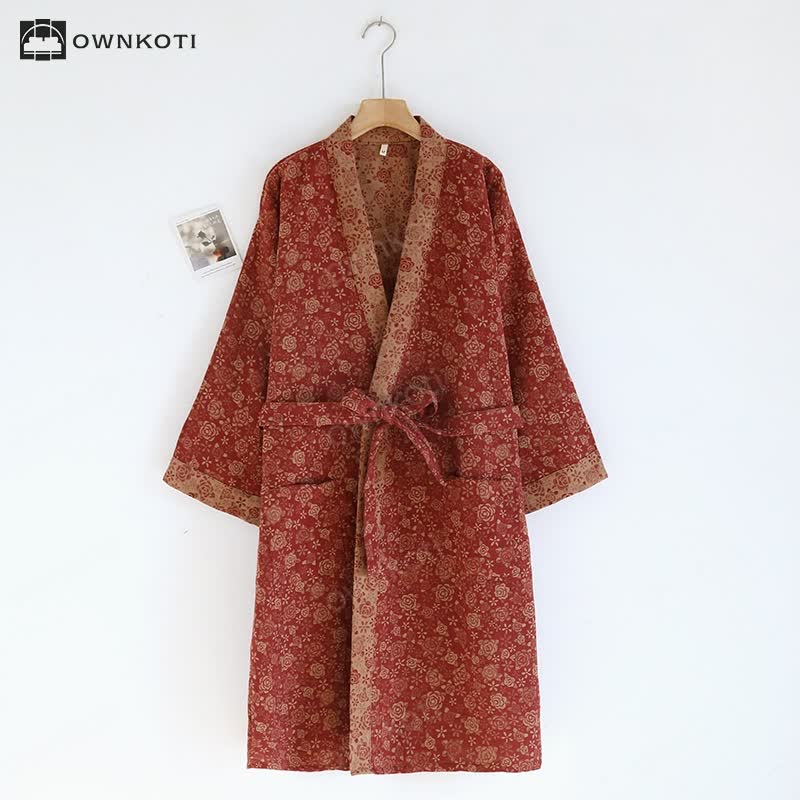 cotton dressing gown kimono Tropical Print Cotton Kimono Robe Long dressing gown 3XL / Teal Green