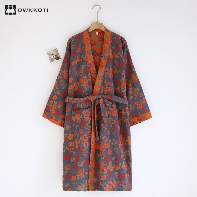 Ownkoti Jacquard Floral Kimono Cotton Gauze Bathrobe