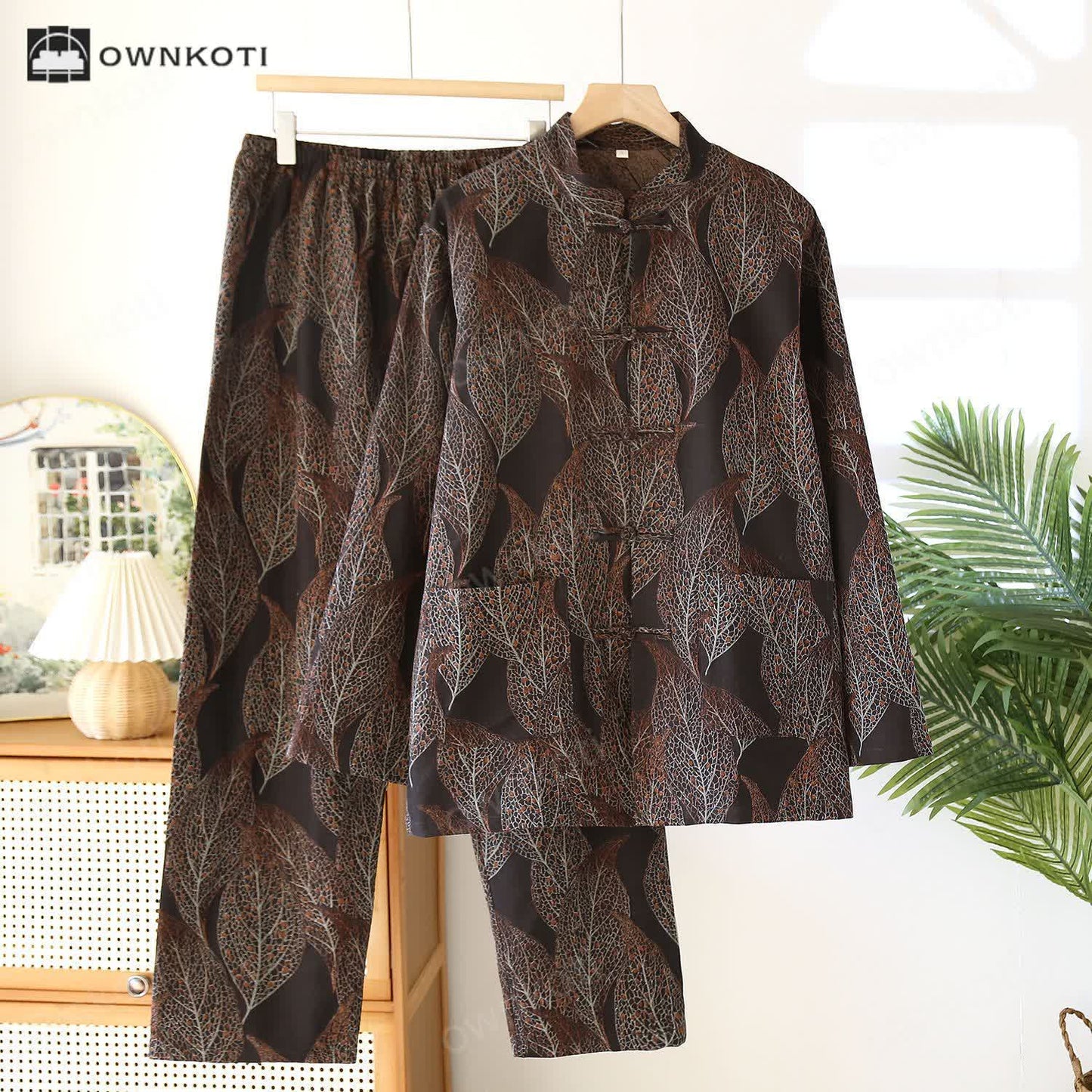 Ownkoti Frog Button Retro Leaf Couple Pajama Set