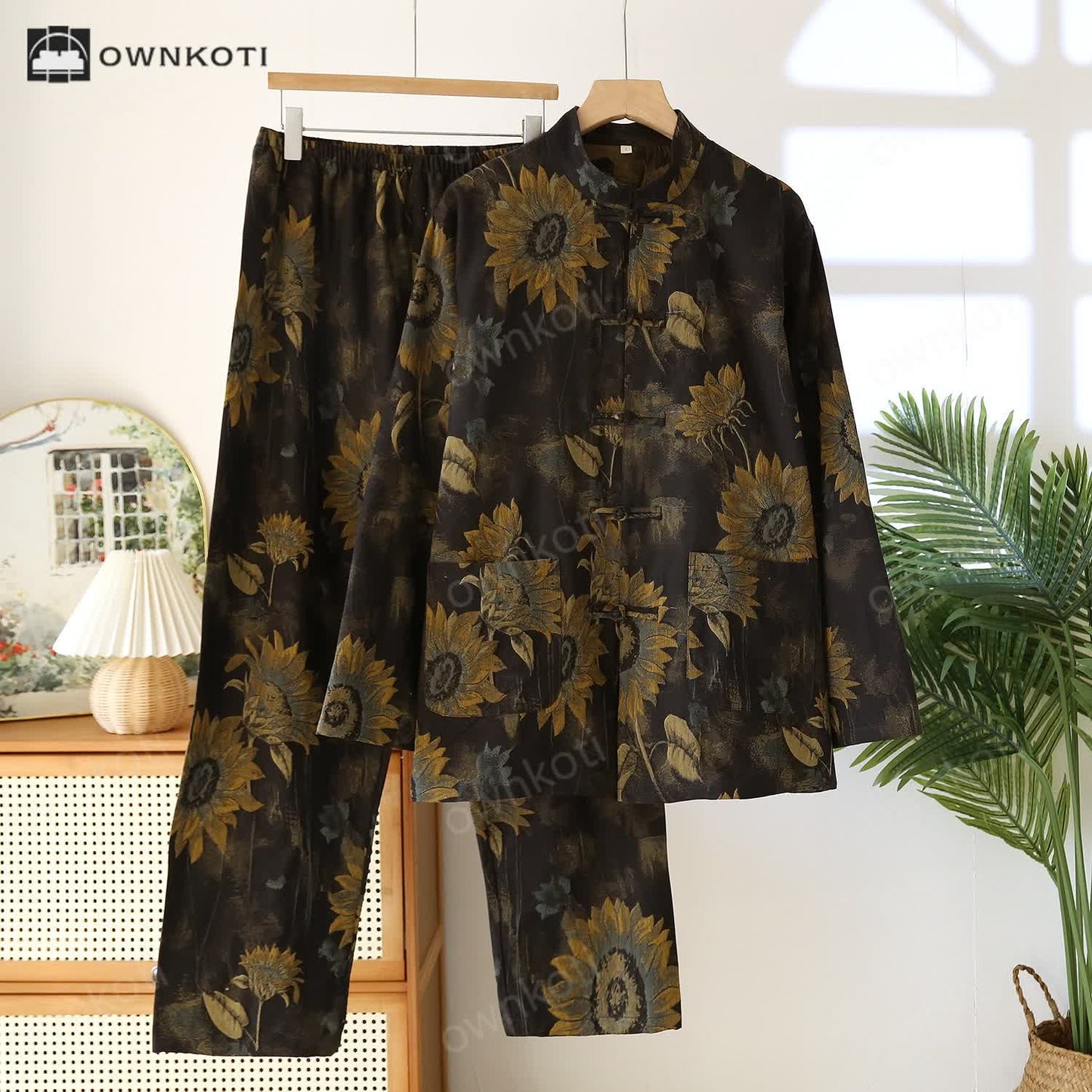 Ownkoti Retro Sunflower Stand Collar Couple Pajama Set