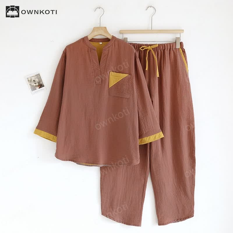Ownkoti Colorblock Double Layer Cotton Gauze Pajama Set