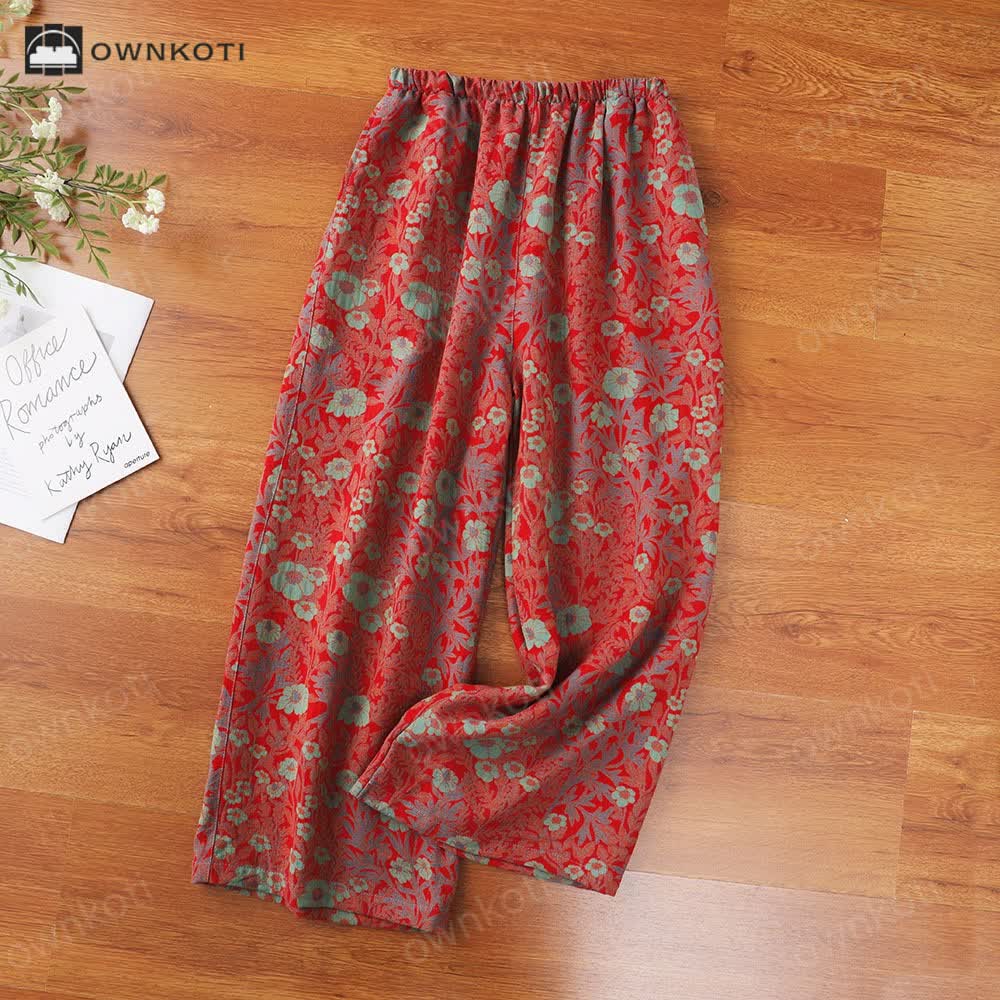 Ownkoti Jacquard Retro Floral Cotton Gauze Pajama Pants