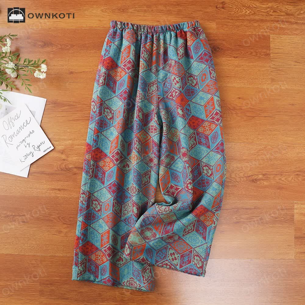 Ownkoti Vintage Diamond Print Cotton Gauze Pajama Pants