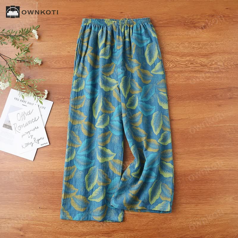 Ownkoti Vintage Leaf Jacquard Cotton Gauze Pajama Pants