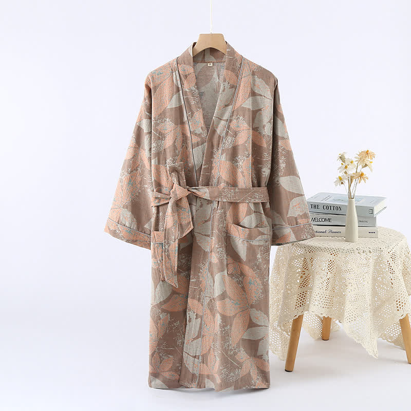 Ownkoti Jacquard Leaf Cotton Kimono Spa Bathrobe