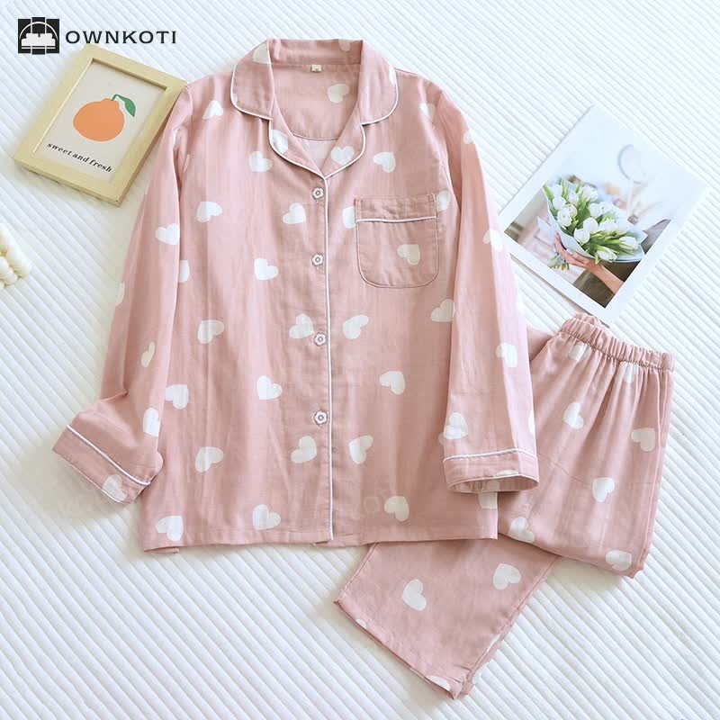 Ownkoti Cotton Gauze Heart Print Soft Pajama Set