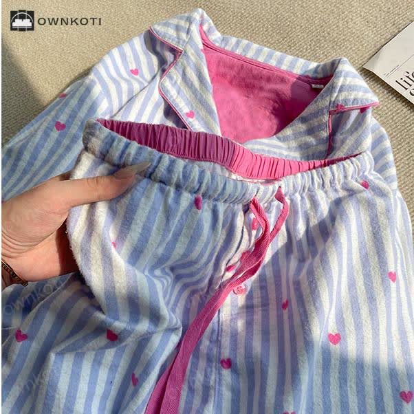 Ownkoti Sweet Heart Print Striped Pajama Set