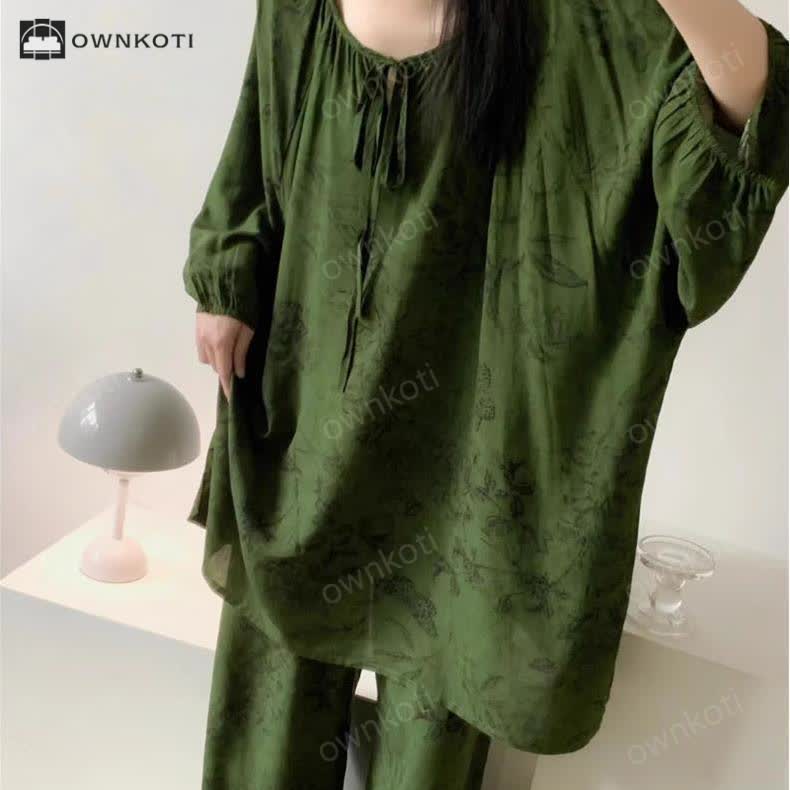 Ownkoti Retro Plus Size Soft Floral Nightwear Set