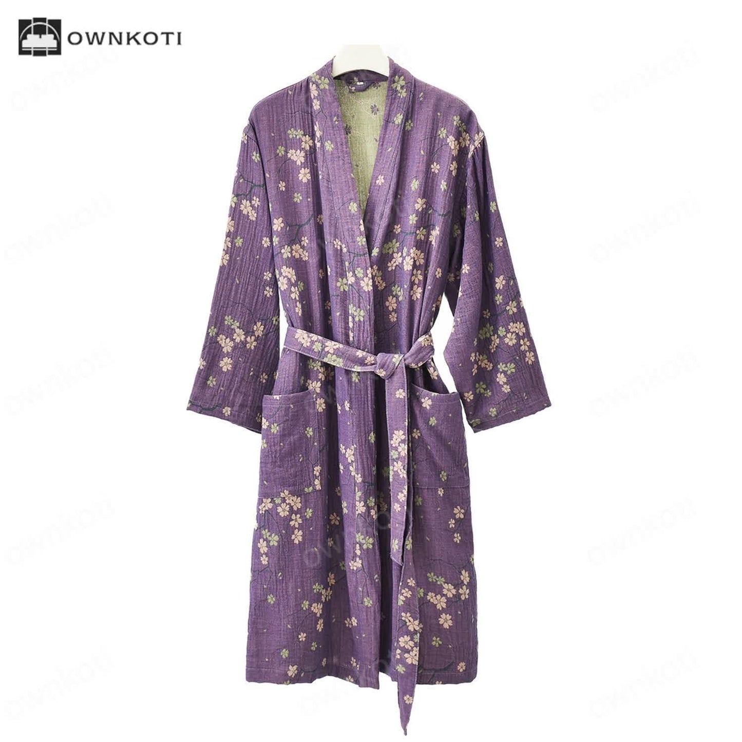 Ownkoti Jacquard Gauze Cotton Floral Lightweight Bathrobe