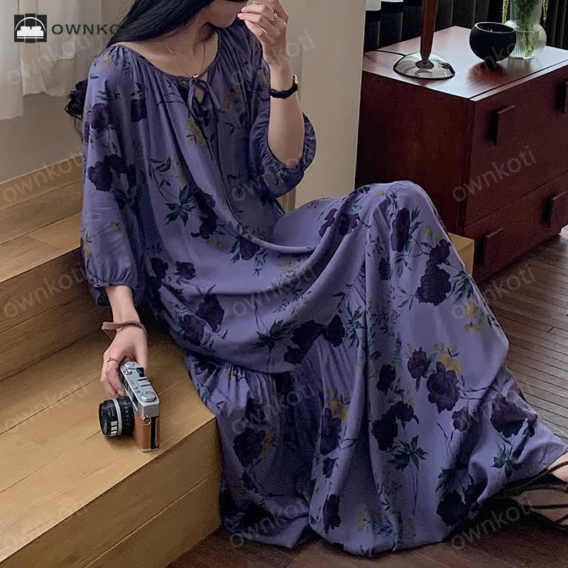 Ownkoti Retro Floral Breathable Soft Long Nightdress
