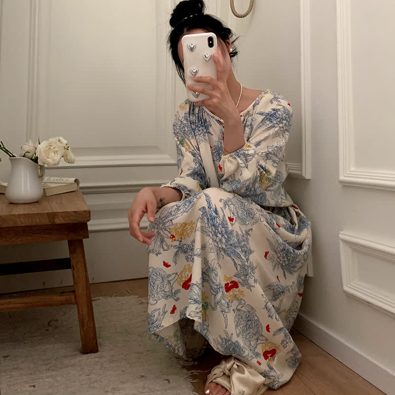 Ownkoti Pastoral Loose Satin Casual Nightdress