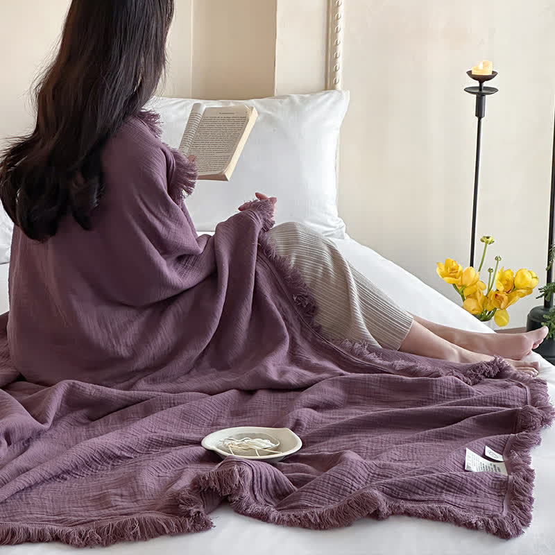 Ownkoti Simple Solid Color Tassel Cotton Gauze Blanket