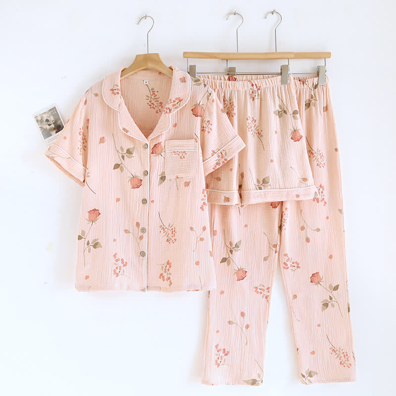 Ownkoti Rural Rose Cardigan Cotton Gauze Pajama Set(3PCS)