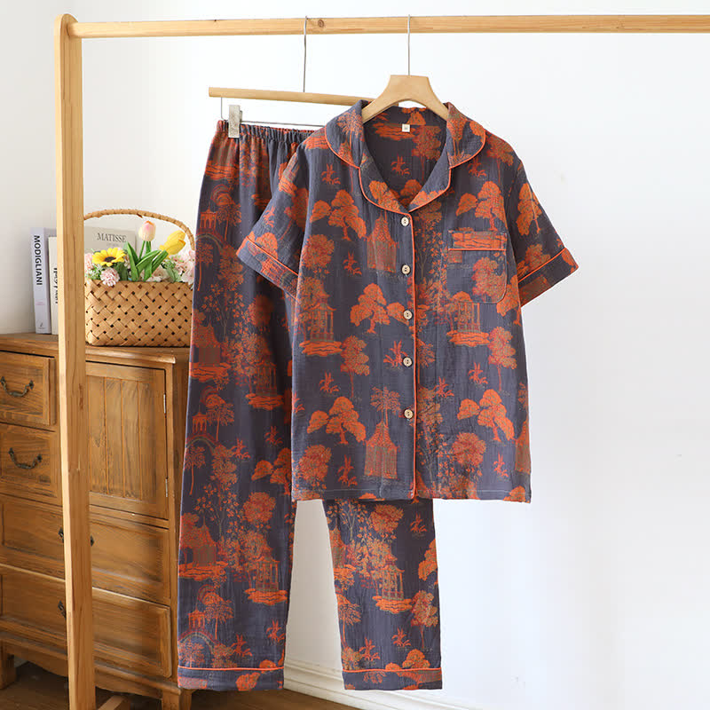 Ownkoti Cotton Vintage Pine Jacquard Short Sleeve Loungewear Set