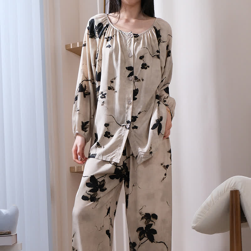 Ownkoti Vintage Flower Long Sleeve Loungewear Set