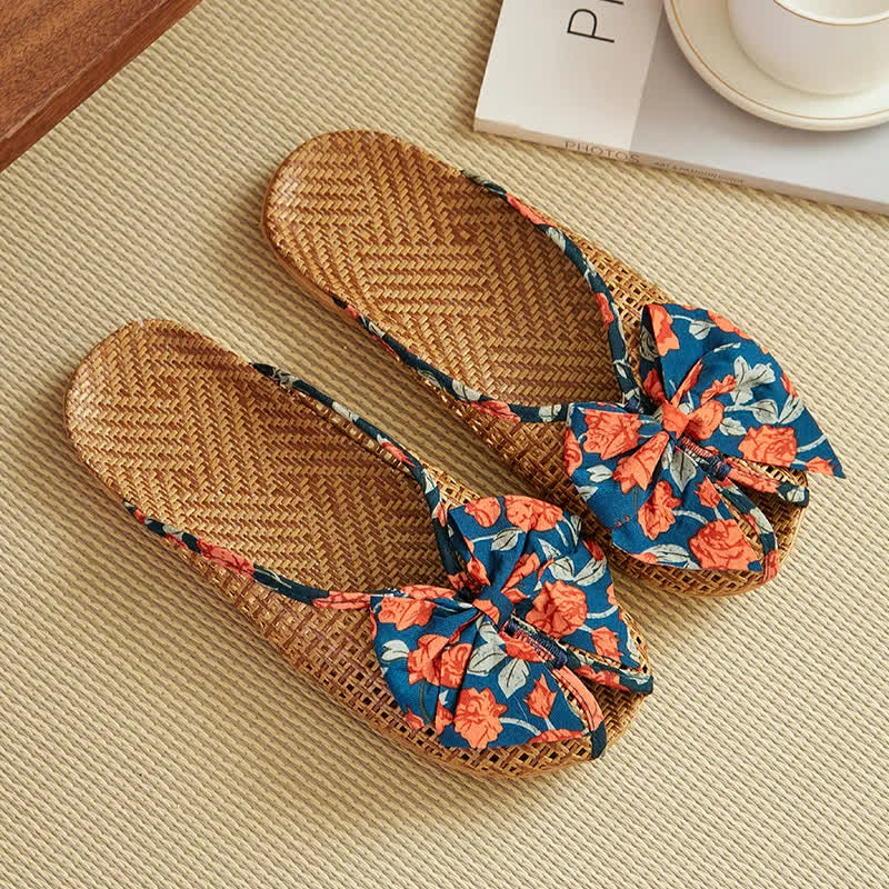 Ownkoti Rattan Woven Linen Bow-knot House Slippers