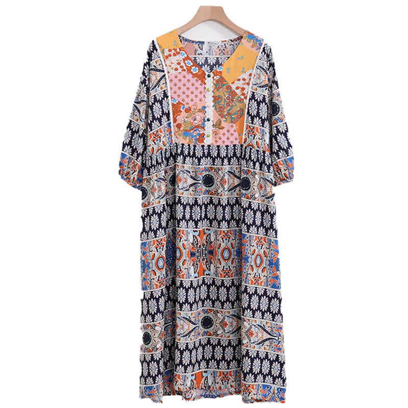 Ownkoti Plus Size Long Sleeve Ethnic Style Nightdress