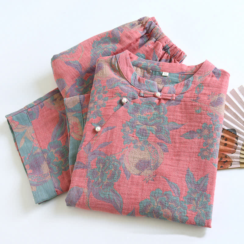 Ownkoti Cotton Yarn-dyed Retro Short-sleeve Loungewear Set