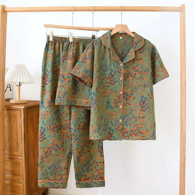 Ownkoti Jacquard Yarn-dyed Cotton Short-sleeved Loungewear Set(3PCS)