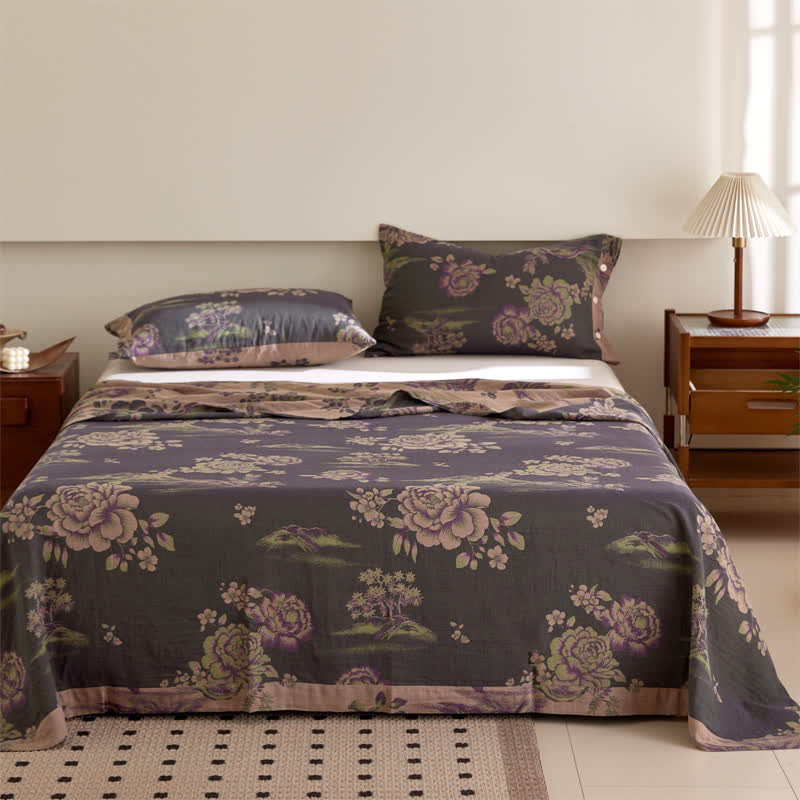 Ownkoti Luxurious Floral Cotton Gauze Yarn-dyed Reversible Coverlet