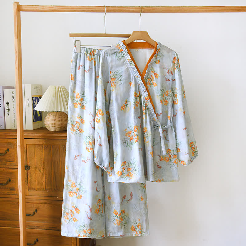 Ownkoti Bamboo Fiber Blue Pastoral Style Pajama Set