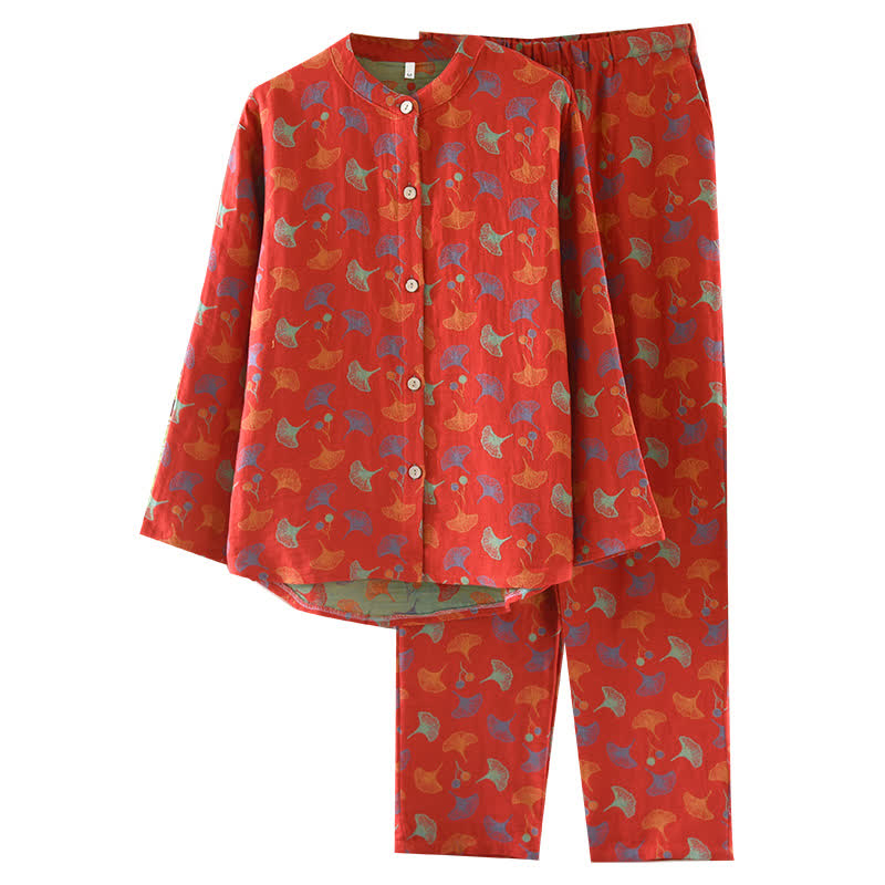 Ownkoti Ginkgo Leaf Cotton Jacquard Vintage Yarn-dyed Pajama Set