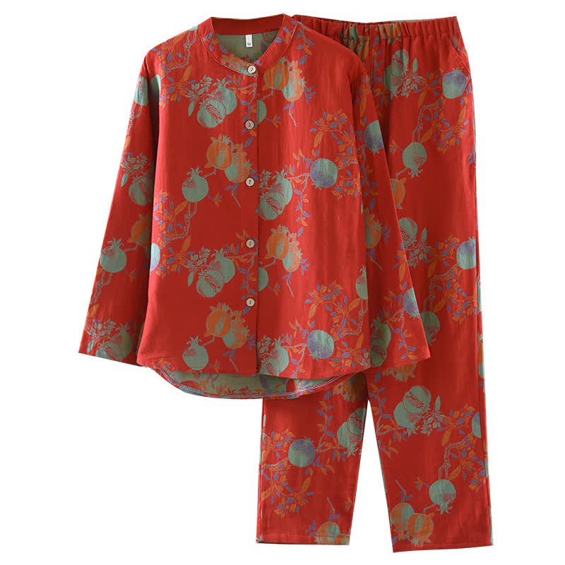 Ownkoti Pomegranate Flower Cotton Jacquard Vintage Yarn-dyed Pajama Set