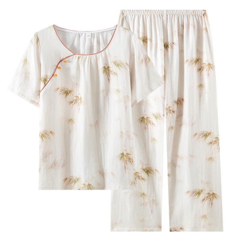 Ownkoti Vintage Bamboo Print Cotton Gauze Beaded Button Loungewear Set