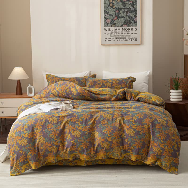 Ownkoti Reversible Jacquard Floral Button Cotton Bedding Set (4PCS)