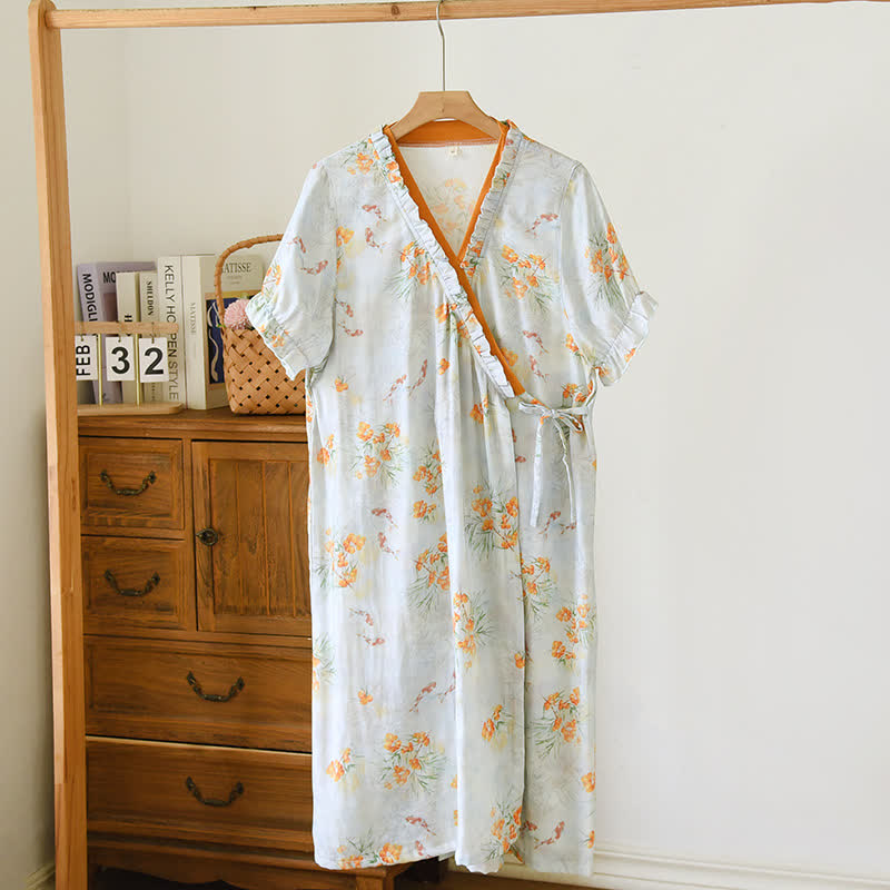 Ownkoti Pastoral Style Short Sleeve Cross-front Nightdress