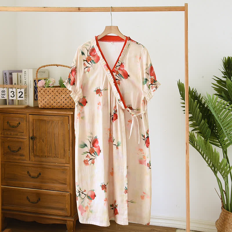 Ownkoti Pomegranate Print Short Sleeve Cross-front Nightdress