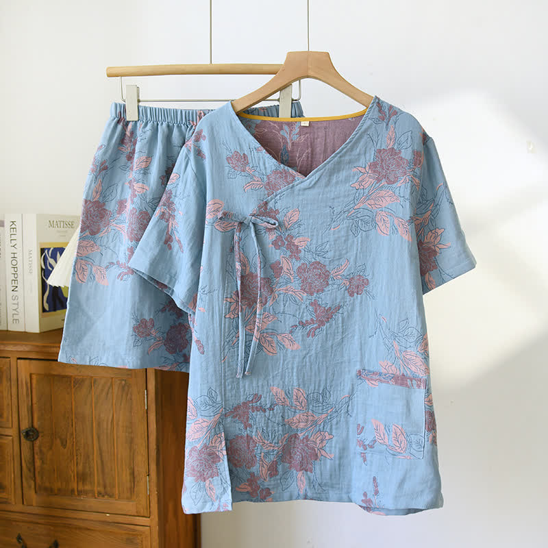 Ownkoti Retro Blue Floral Cotton Gauze V-neck Pajama Set